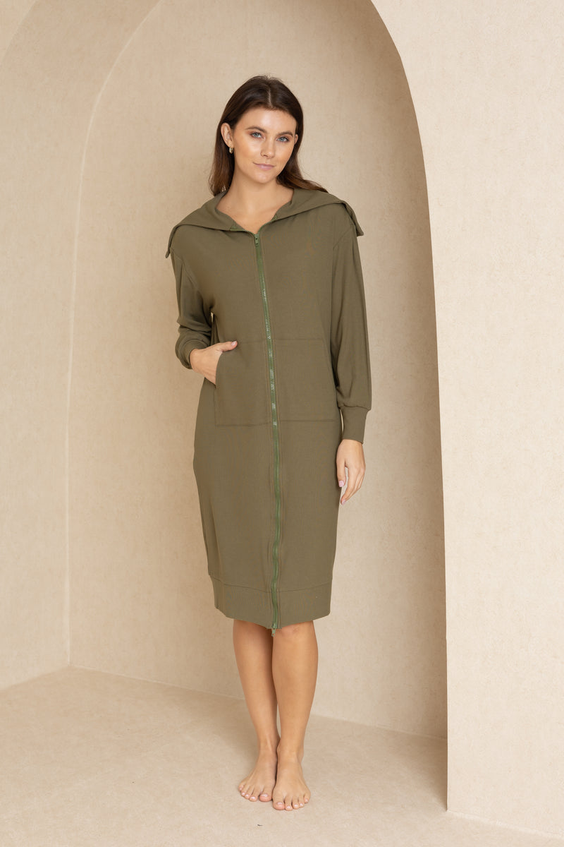 Green Ribbed Zipper Dress