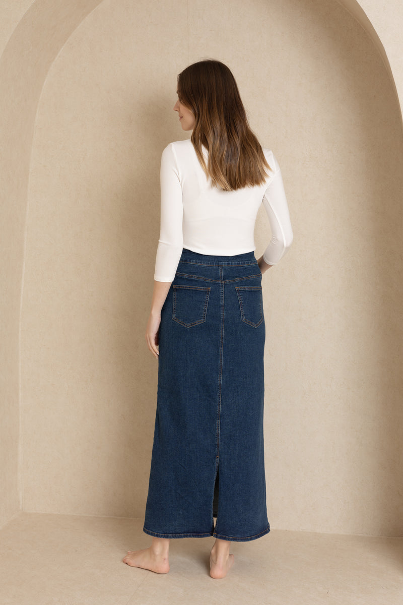 Dark Blue Back Slit Denim Skirt