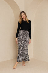 Black Floral Drawstring Ruffle Maxi Skirt