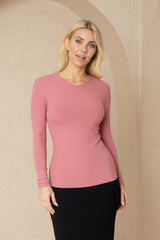 Raspberry Long Sleeve Ribbed V-Neck Tee