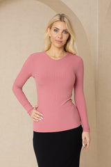 Raspberry Long Sleeve Ribbed V-Neck Tee