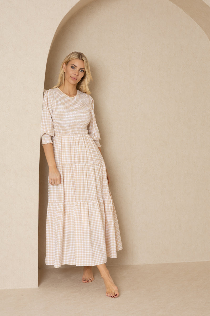 Tan Gingham Smocked Maxi Dress