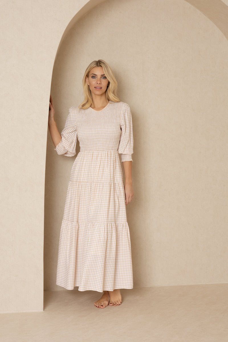 Tan Gingham Smocked Maxi Dress