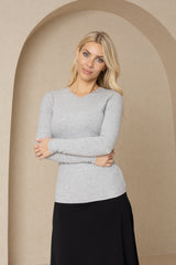 Grey Long Sleeve Ribbed V-Neck Tee