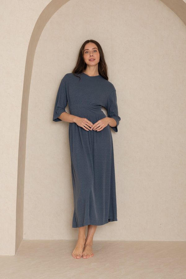 Blue Textured Basic Waist Maxi