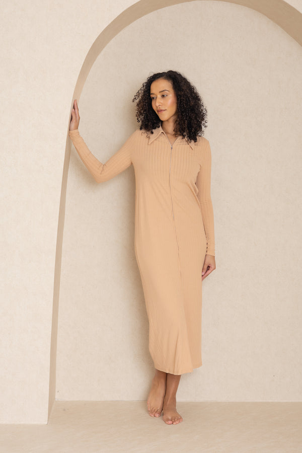 Neutral Double Ribbed Zipper Dress