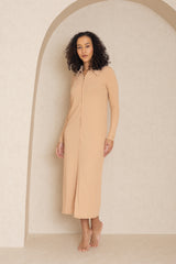 Neutral Double Ribbed Zipper Dress