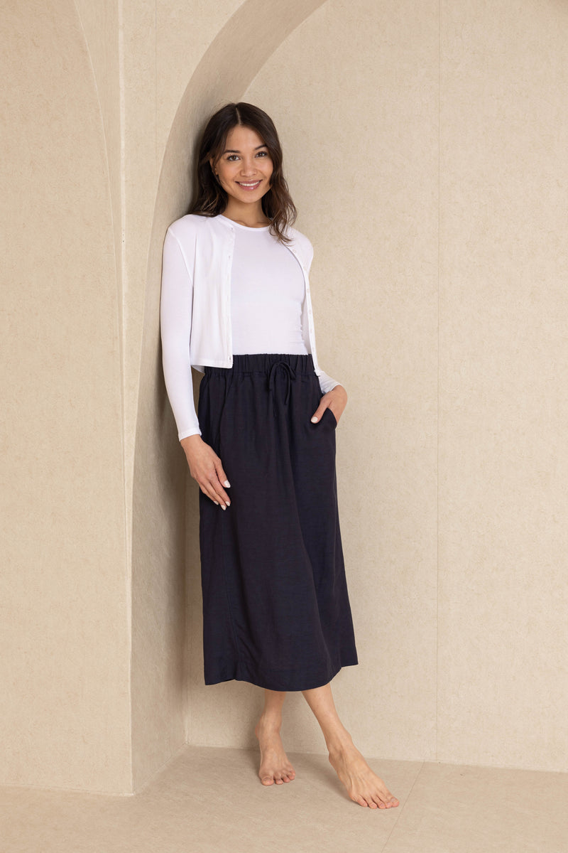 Navy Linen Drawstring Pocket Skirt