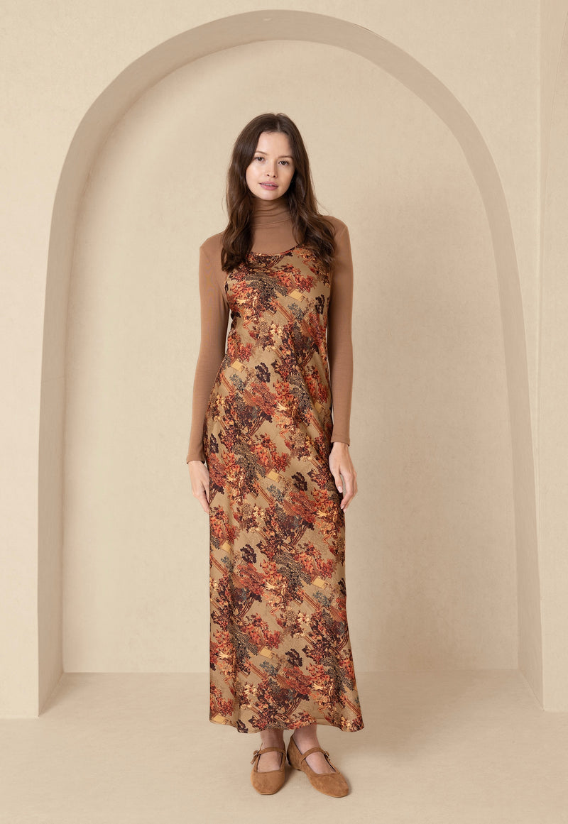 Brown Printed Slip Dress