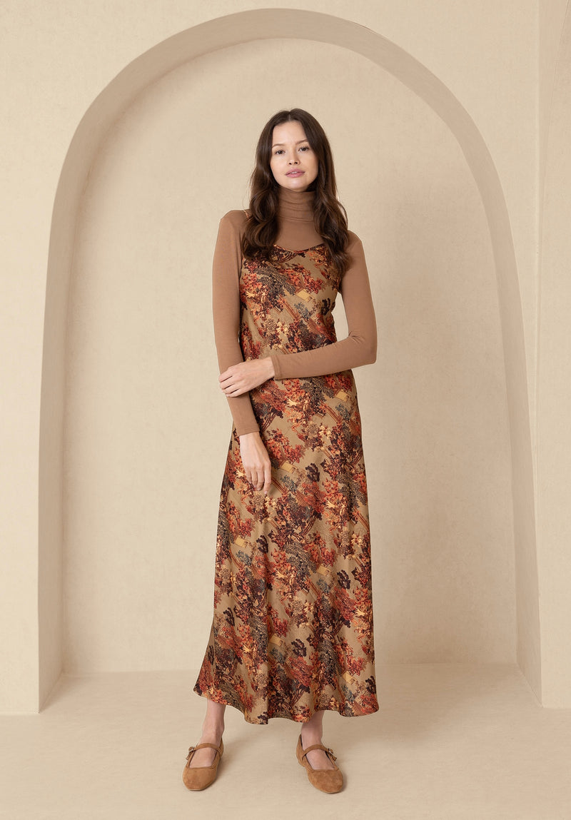 Brown Printed Slip Dress