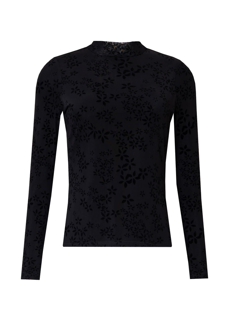 Black Floral Mesh Mock Neck Top