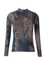 Blue Multi Print Mesh Mock Neck Top