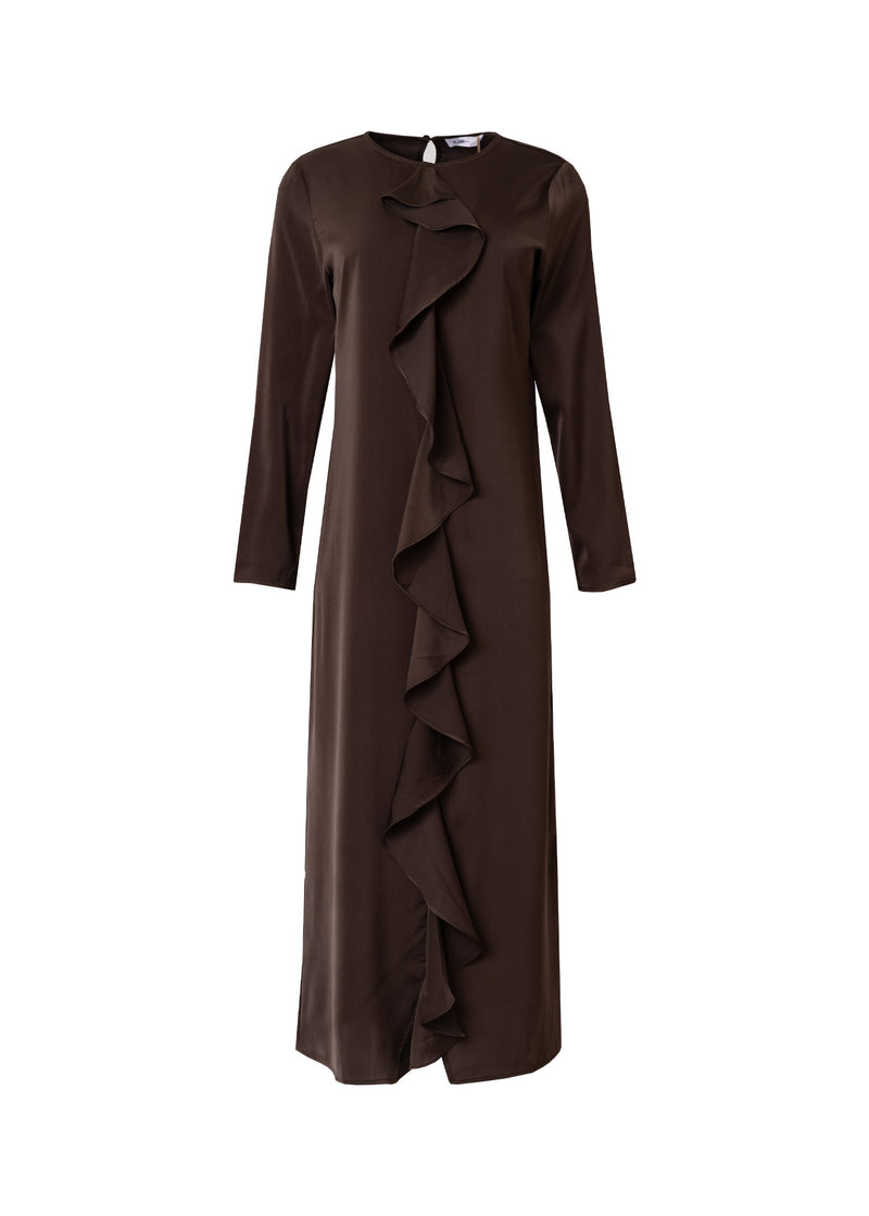 Brown Front Ruffle Silk Maxi