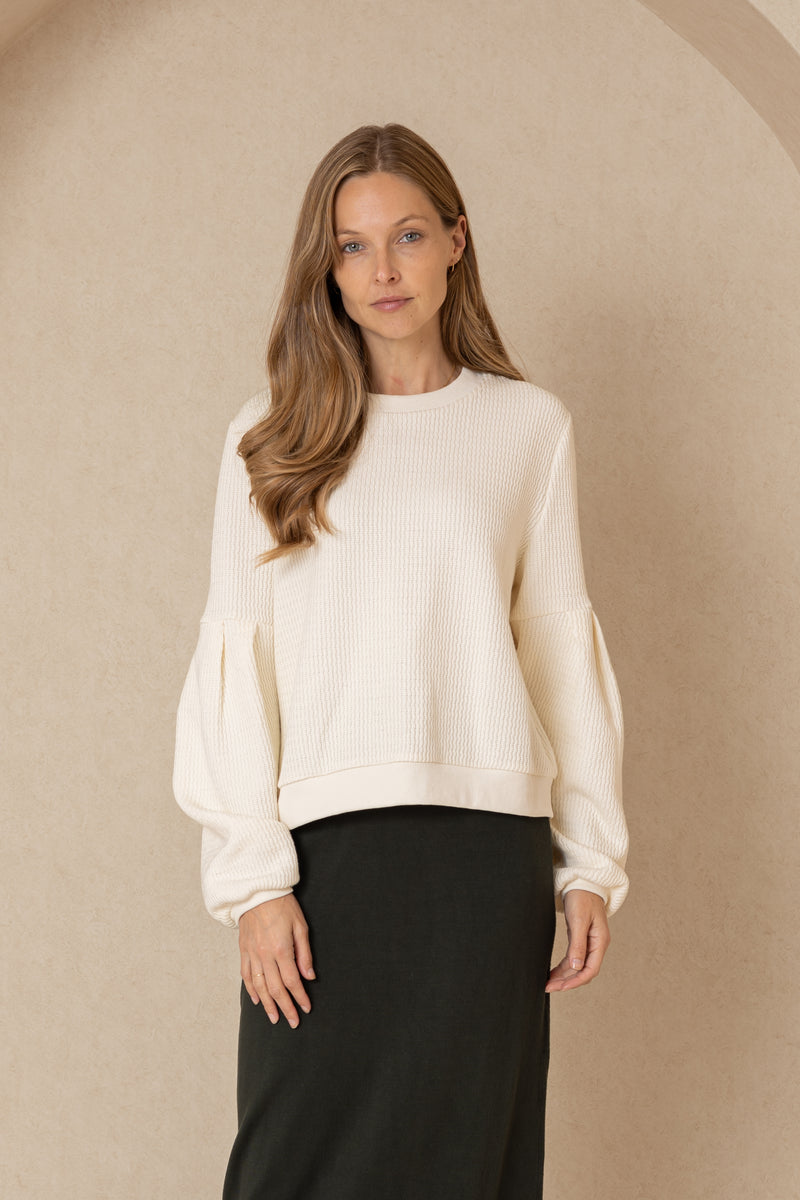 Cream Crochet Knit Bubble Sleeve Sweater