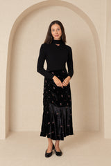 Black Embroidered Floral Velour Skirt