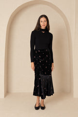 Black Embroidered Floral Velour Skirt