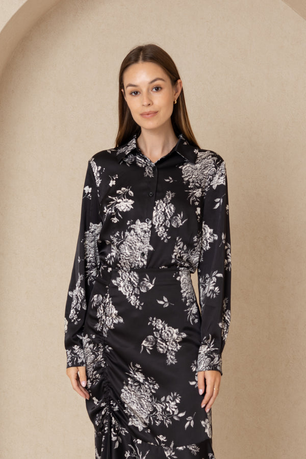 Black Floral Silk Blouse