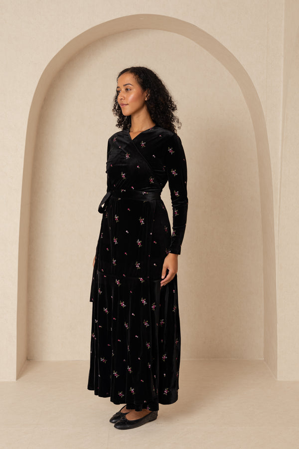 Embroidered Floral Velour Wrap Dress