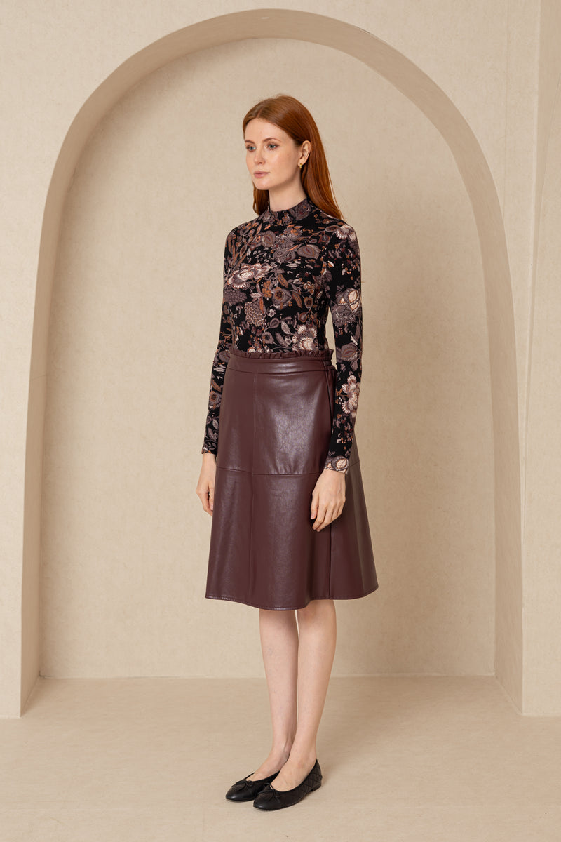 Burgundy Gathered Leather Skirt