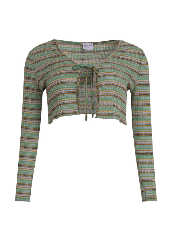 Green Stripe Textured Tie Cropped Cardi