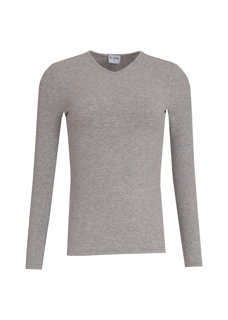 Grey Long Sleeve Ribbed V-Neck Tee