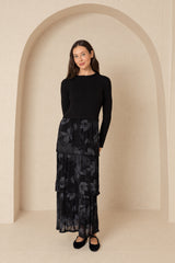 Black Knit Floral Layered Maxi Dress