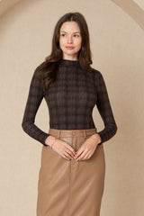 Brown Plaid Mock Neck Top