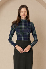 Navy Plaid Mock Neck Top