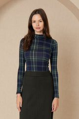 Navy Plaid Mock Neck Top