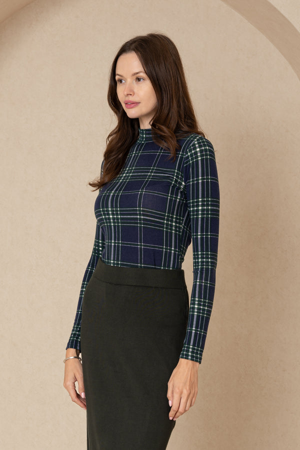 Navy Plaid Mock Neck Top