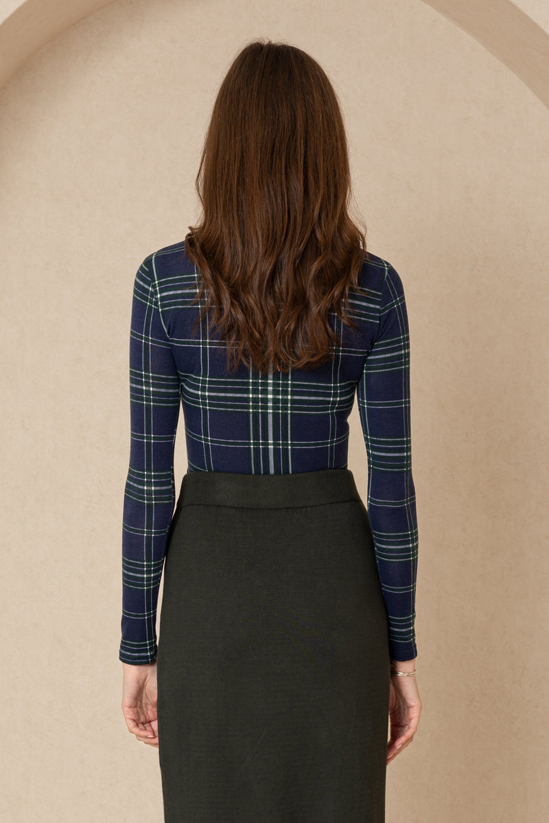 Navy Plaid Mock Neck Top