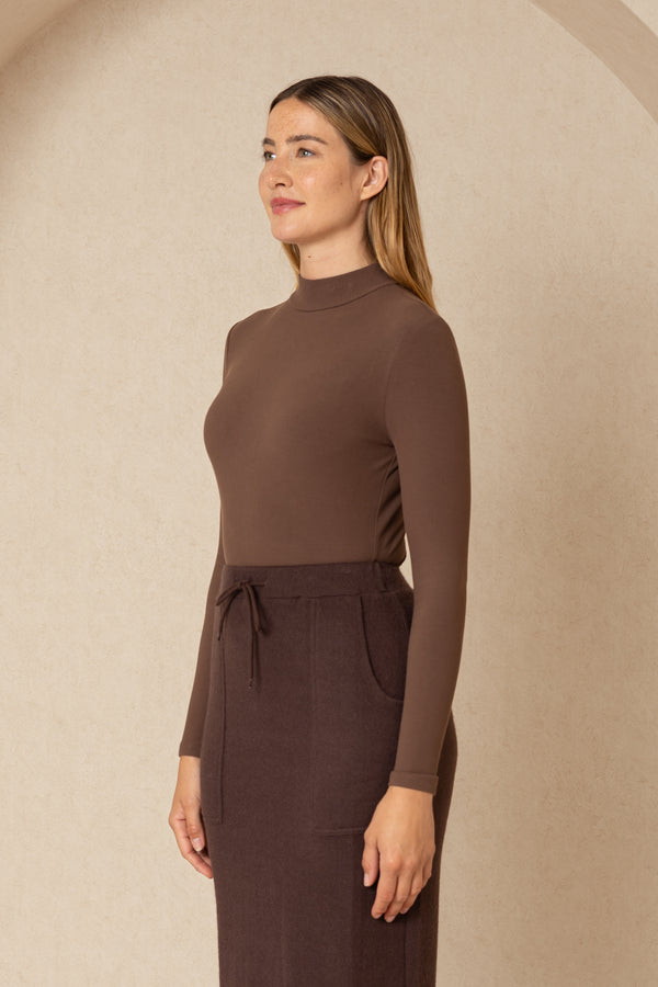 Dark Brown Ribbed Mock Neck Top