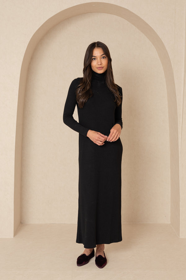 Black Ribbed Knit Turtleneck Maxi Dress