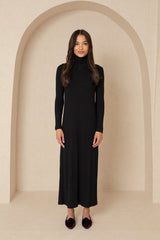 Black Ribbed Knit Turtleneck Maxi Dress