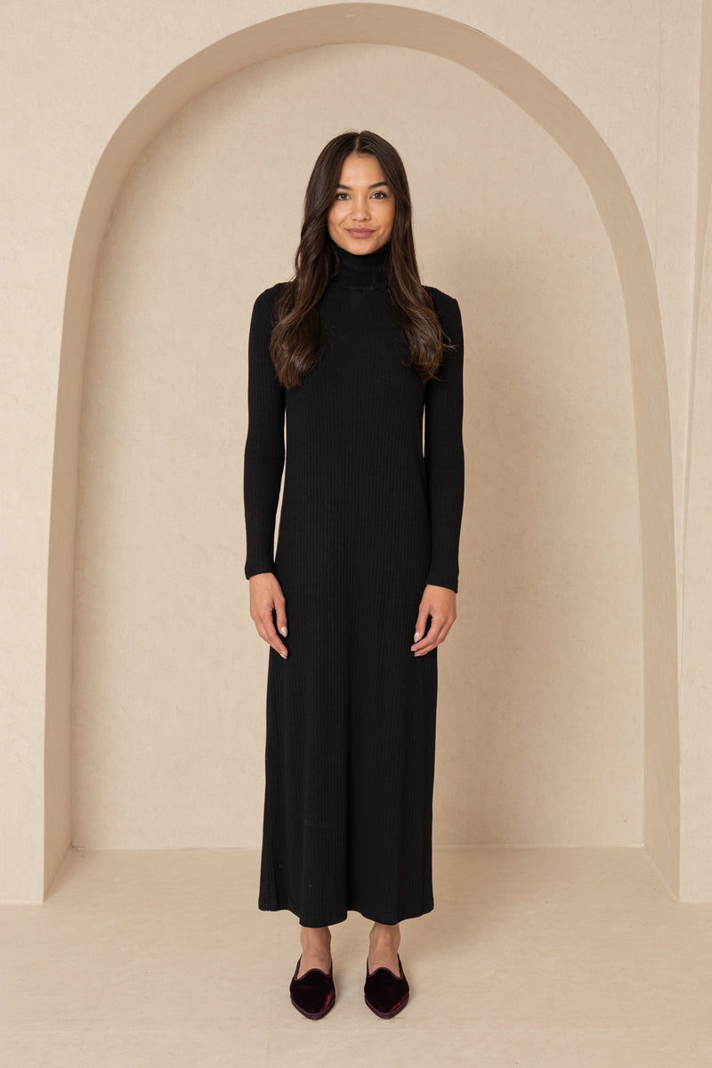 Black Ribbed Knit Turtleneck Maxi Dress