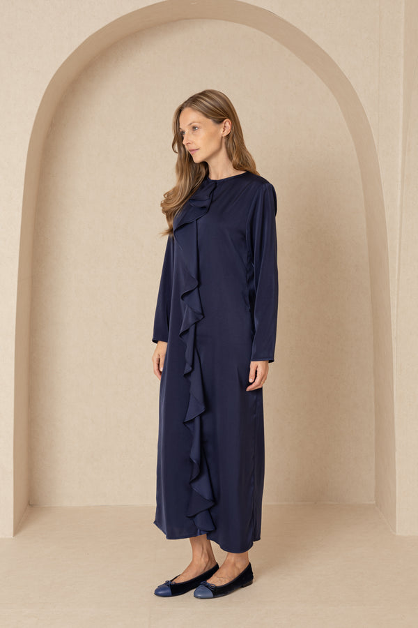 Navy Front Ruffle Silk Maxi