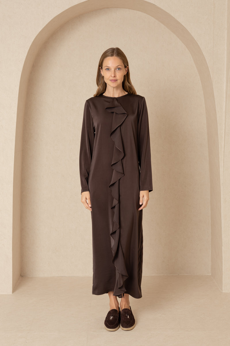 Brown Front Ruffle Silk Maxi