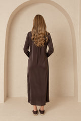 Brown Front Ruffle Silk Maxi