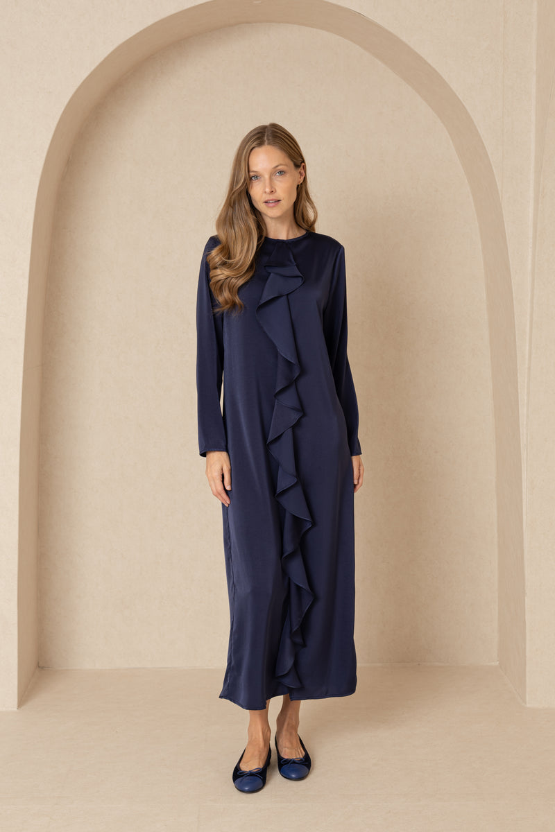 Navy Front Ruffle Silk Maxi