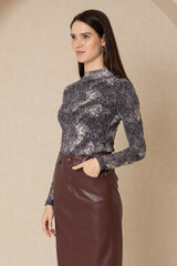 Spotted Mesh Mock Neck Top