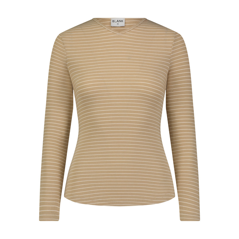 Neutral Striped Basic V Neck Long Sleeve