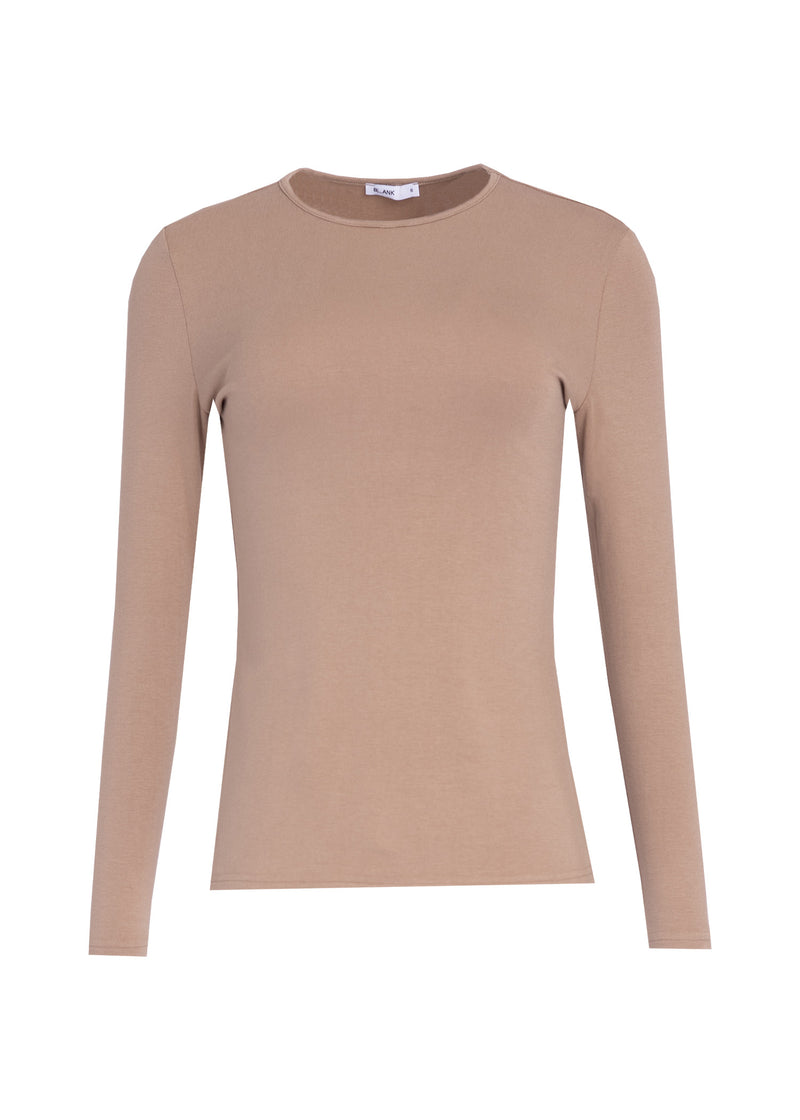 Tan Solid Long Sleeve Round Neck T-Shirt