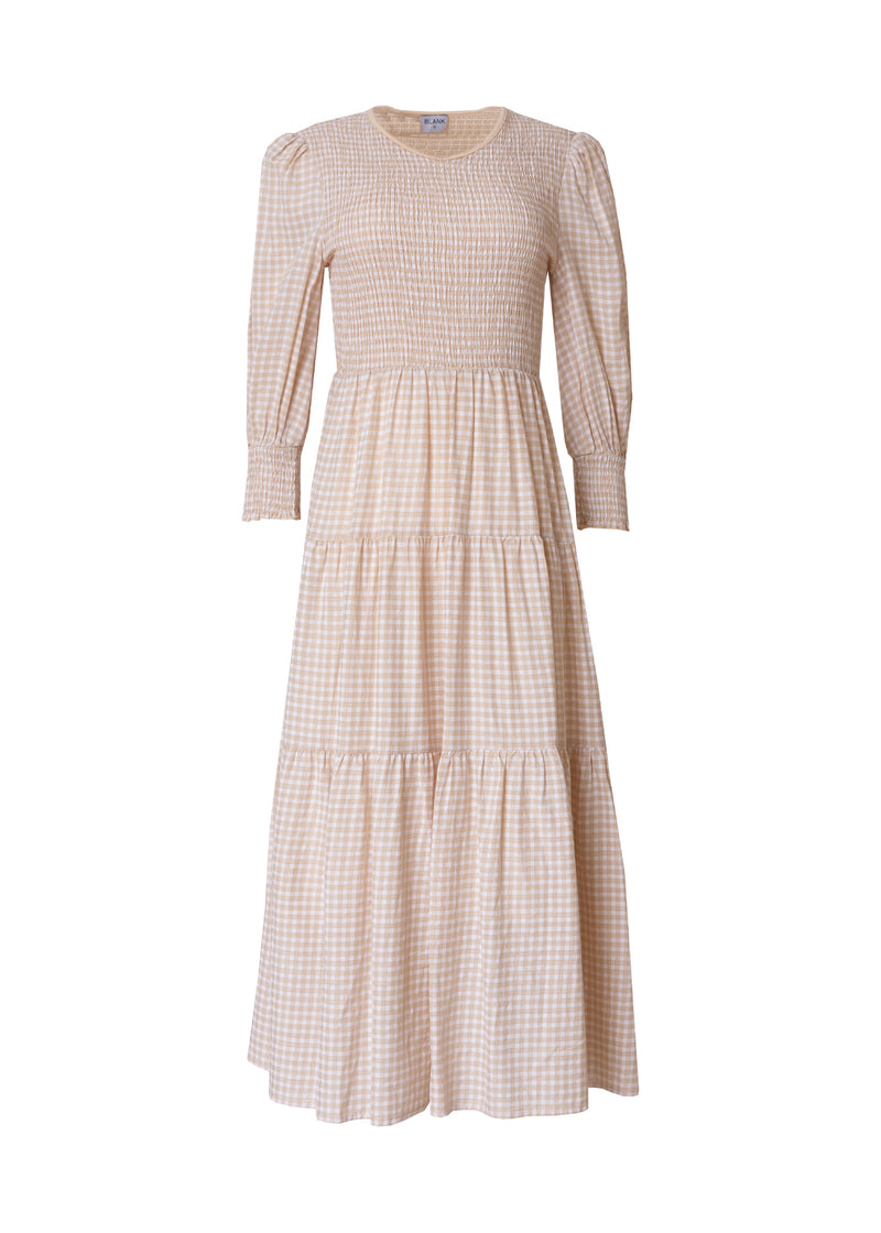 Tan Gingham Smocked Maxi Dress