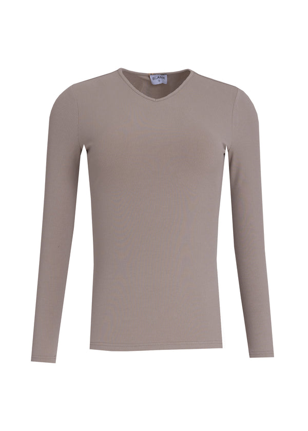 Tan Long Sleeve Ribbed V-Neck Tee