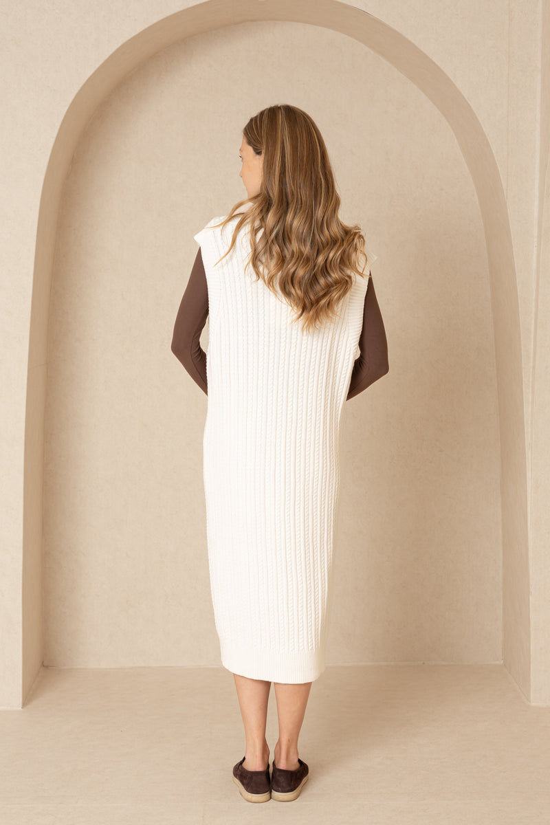 Cream Knit V Neck Midi Dress