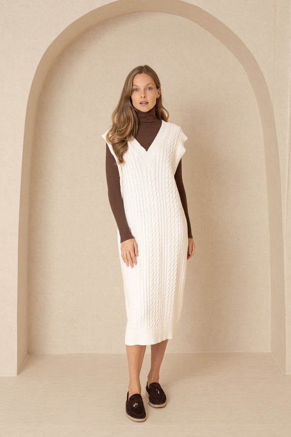 Cream Knit V Neck Midi Dress