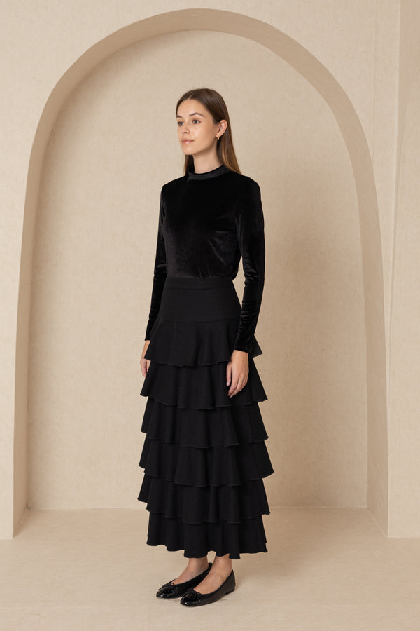 Black Wool Ruffle Skirt