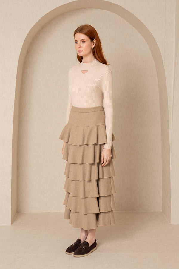 Tan Wool Ruffle Skirt