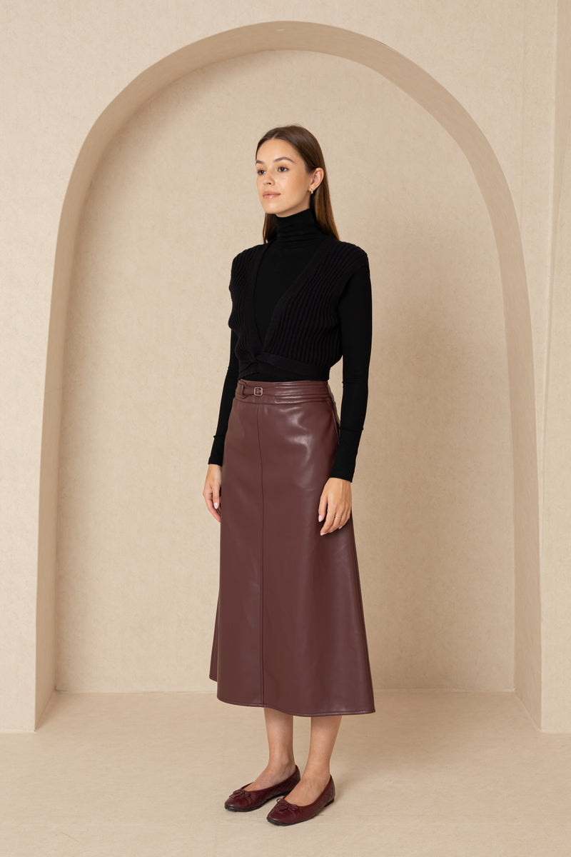 Burgundy Belted Leather Skirt