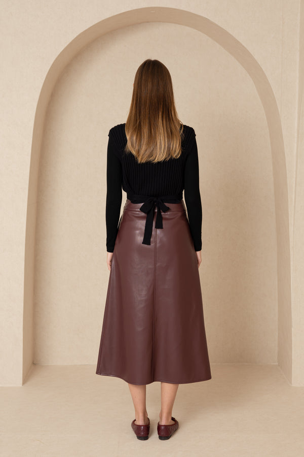 Burgundy Belted Leather Skirt